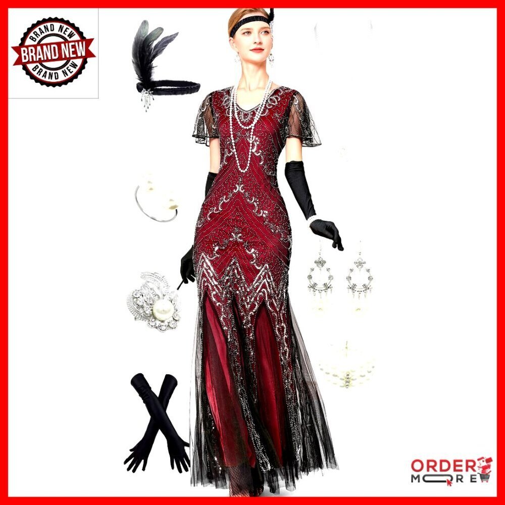 Sequin Mermaid Maxi Dress with 1920s Gatsby Accessories Set